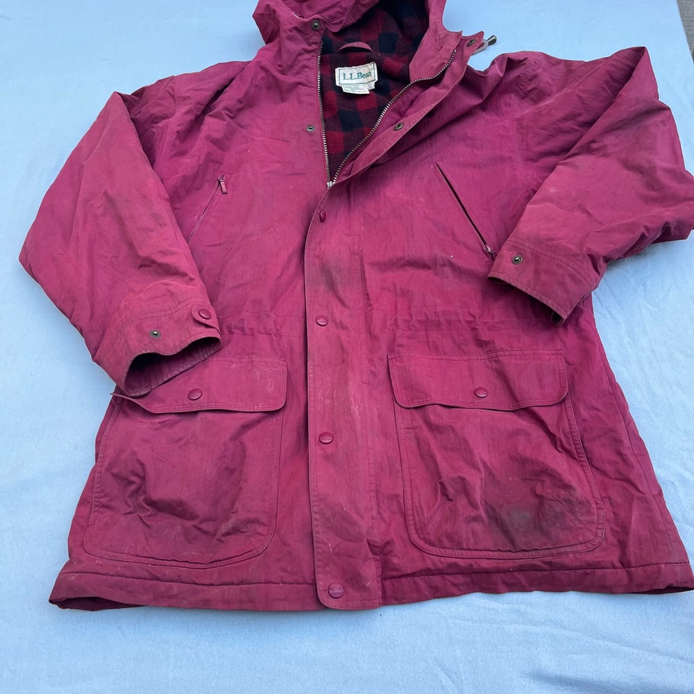 Vintage LL Bean Hooded Field Parka Jacket Burgundy Buffalo Plaid Lined Large